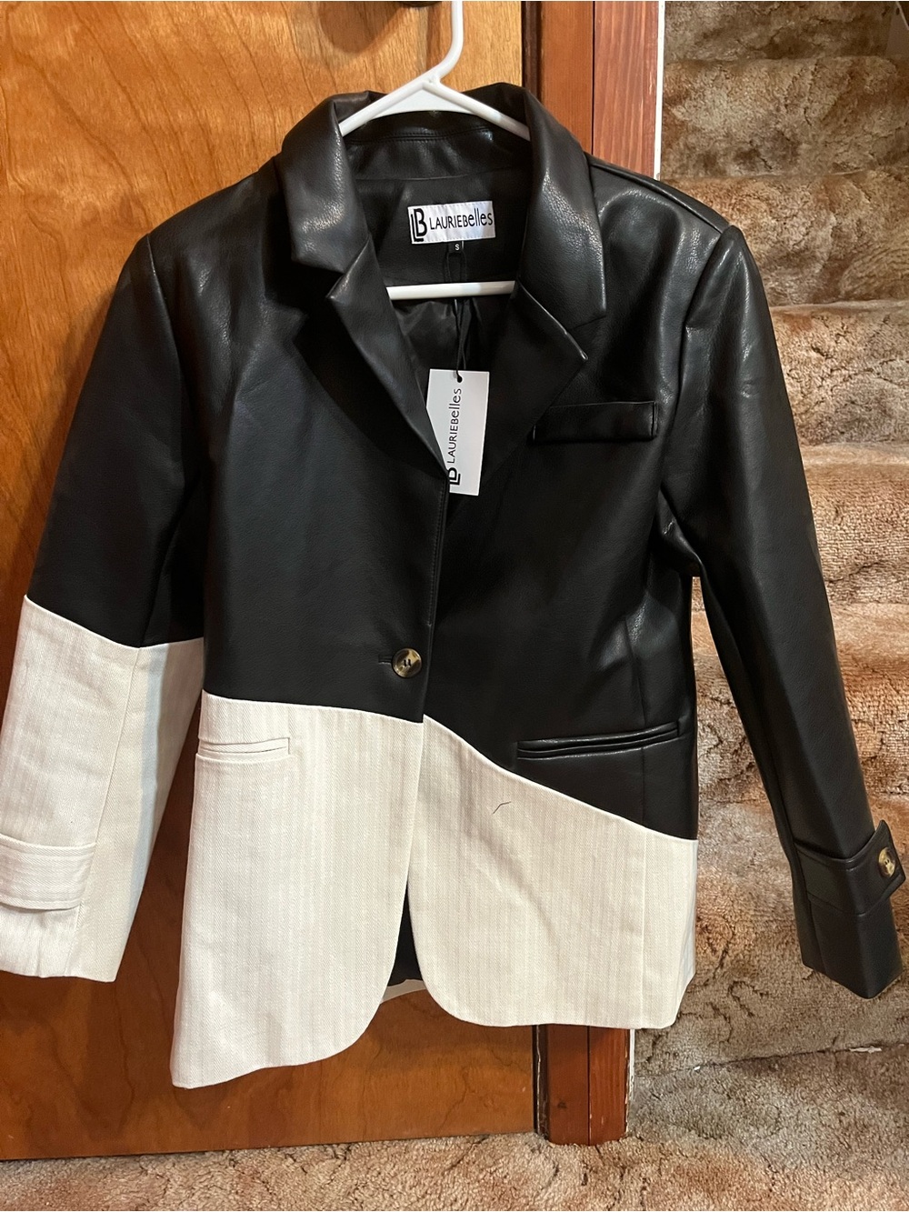 Black and White Two-Tone Faux Leather Blazer